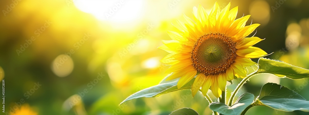 Naklejka premium A vibrant sunflower stands tall against a glowing backdrop, showcasing its bright yellow petals and textured center, symbolizing warmth and positivity.