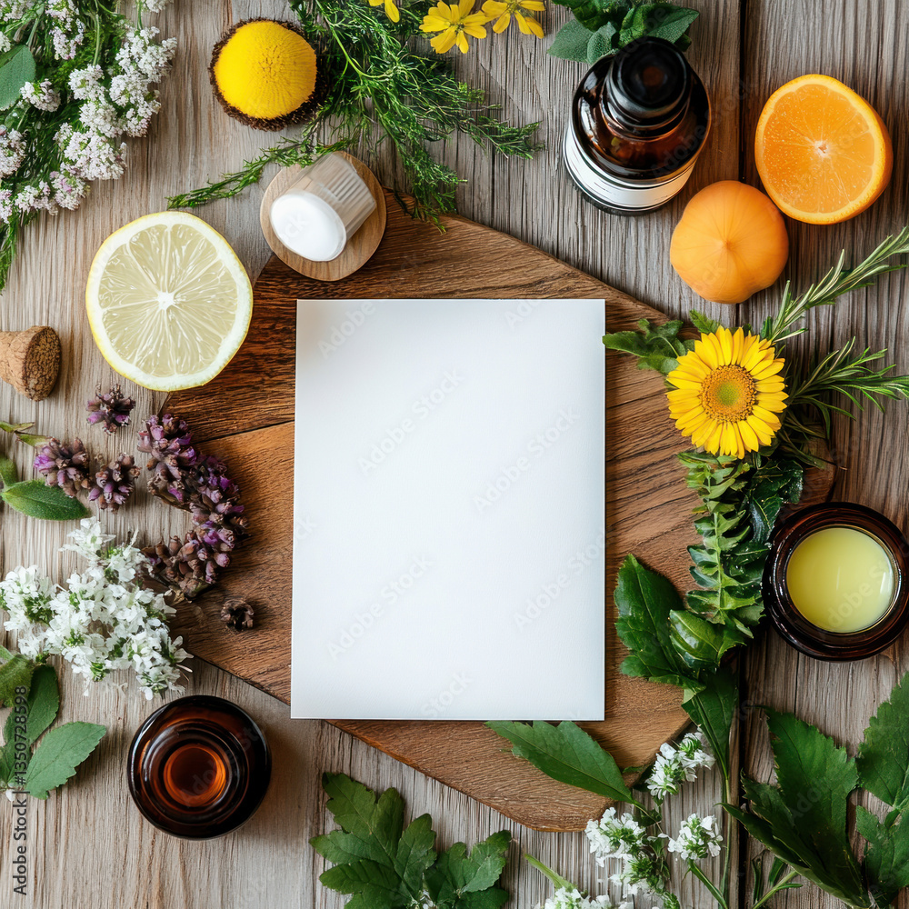 A wooden cutting board with a white sheet of paper in the center, surrounded by fresh herbs, flowers, and a cut orange on a rustic wooden table.