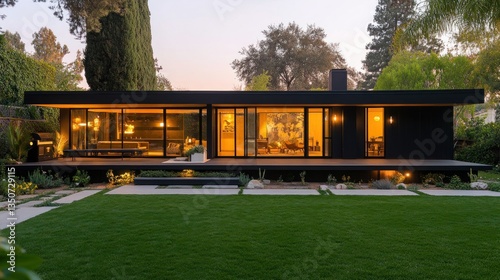 illuminated modern home seamlessly blends into a lush garden landscape under a twilight sky embodying architectural finesse and serene living