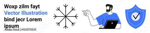 Man using laptop and pointing toward concept elements, including a shield with checkmark and snowflake. Ideal for cybersecurity, precision, technology, weather, analytics, trust, flat landing page