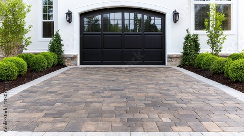 Elegant residential driveway with paver stones and well-maintained landscaping featuring shrubs and decorative black garage door