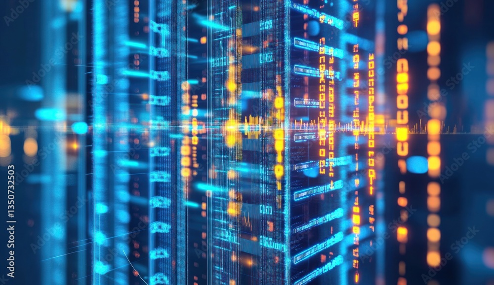 Futuristic server rack, data streaming, digital network, glowing lines