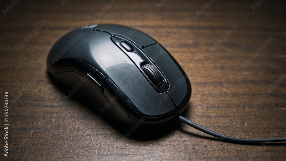 A computer mouse on a wooden desk. A computer mouse on a wooden desk.