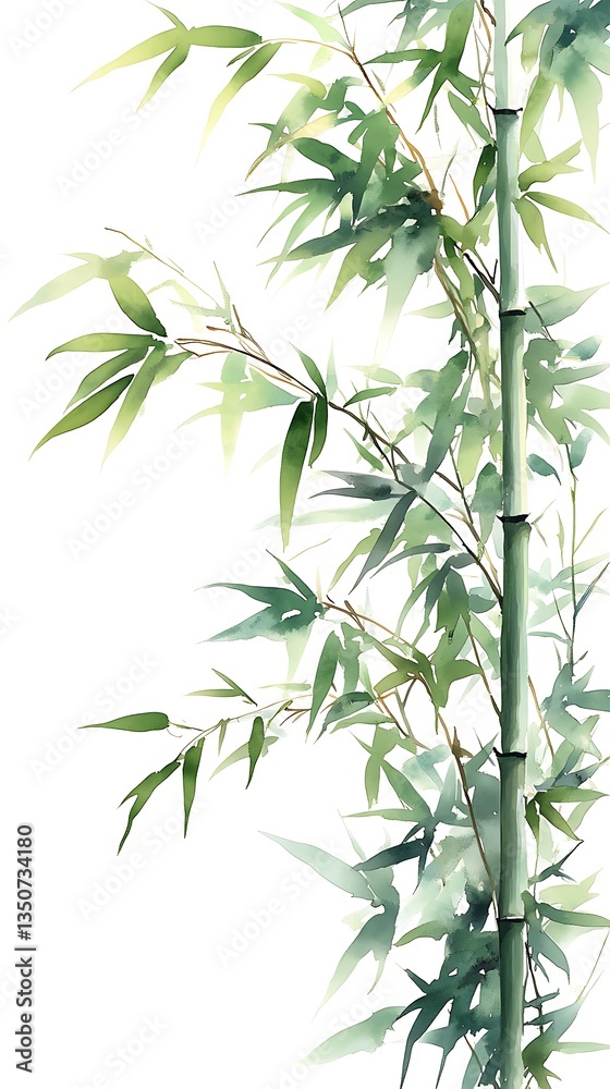 Tranquil Bamboo Watercolor Art A Vertical Composition of Green Leaves and Stalks on White Canvas