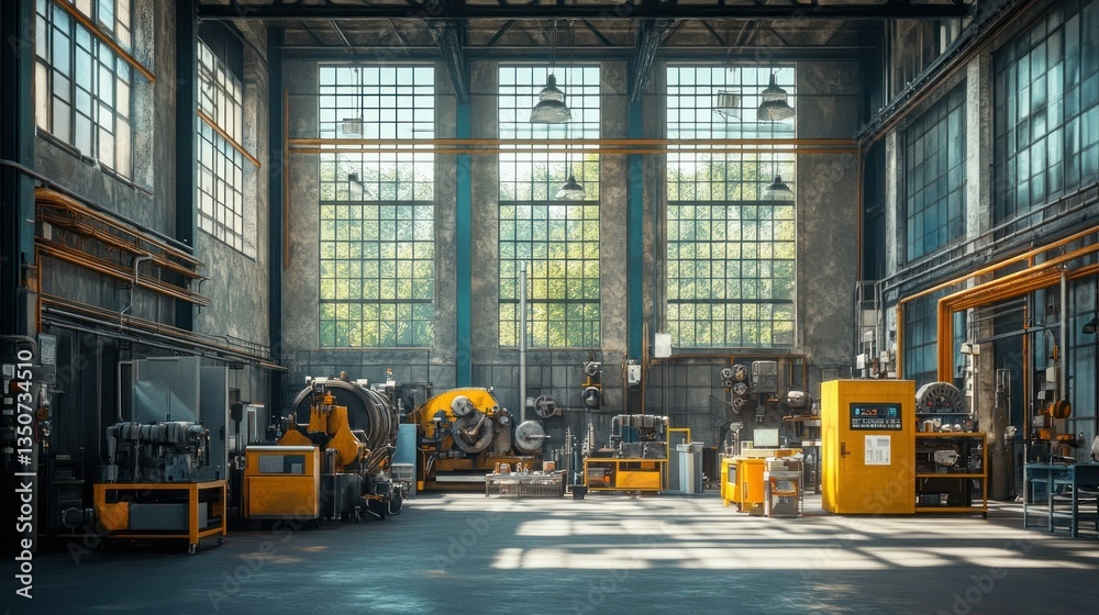 Fototapeta premium illuminated industrial workshop showcasing machinery and large windows providing ample natural light with metal framework and yellow accents