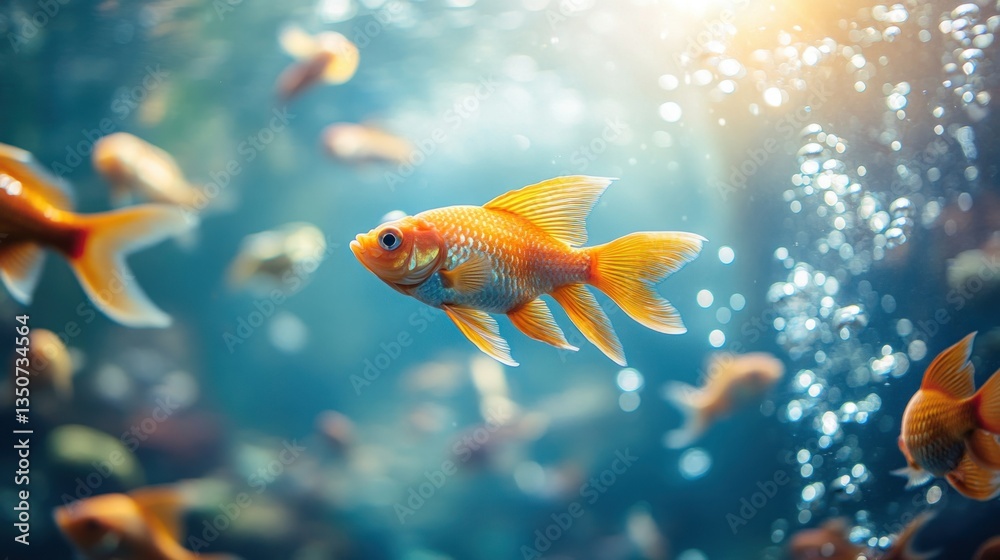 a serene underwater scene featuring a vibrant golden fish gracefully swimming amid bubbles creating a tranquil aquatic ambiance with soft lighting