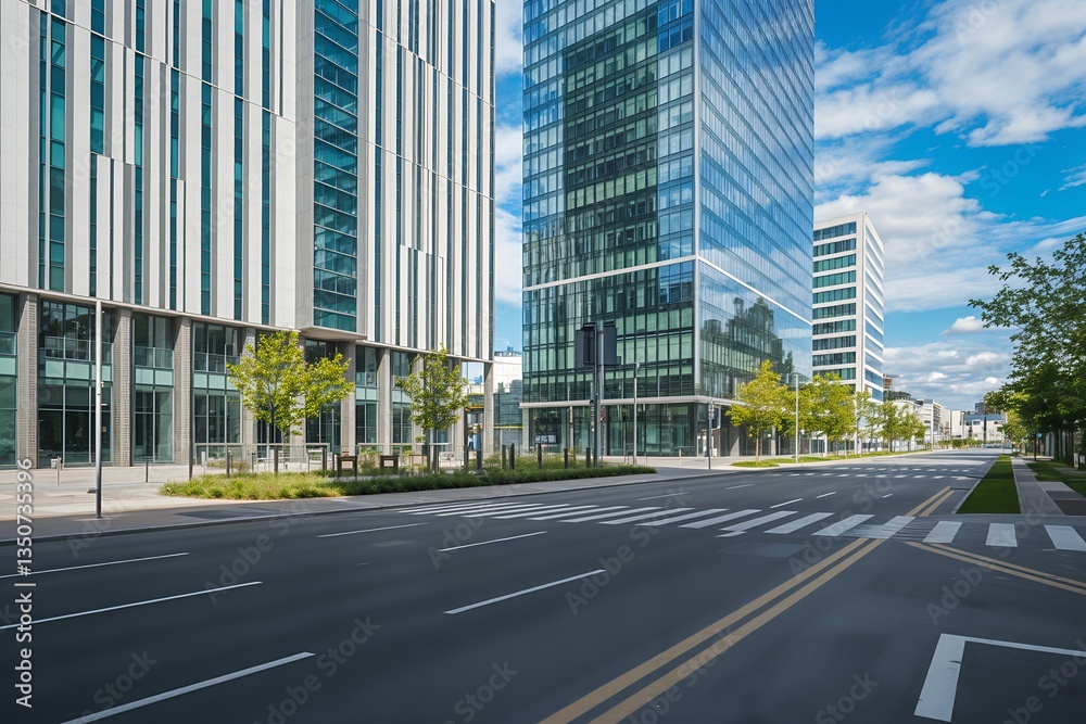 Sunny Urban Street with Modern Architecture and Greenery Sunny Urban Street with Modern Architecture and Greenery