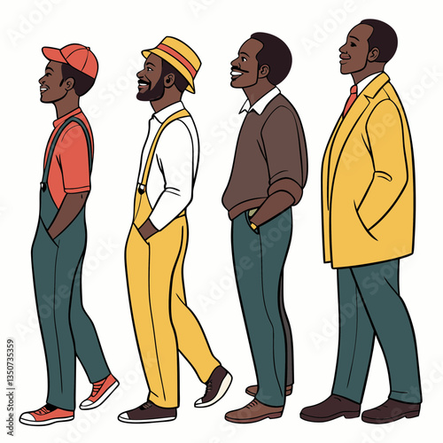 Diverse men in various attire, a progressive illustration
