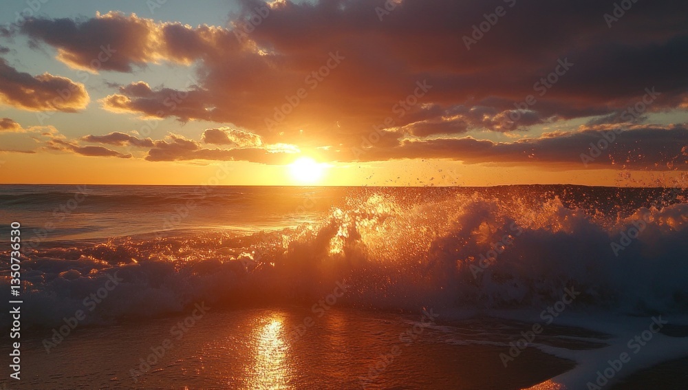 Naklejka premium Golden sunset waves crashing on beach