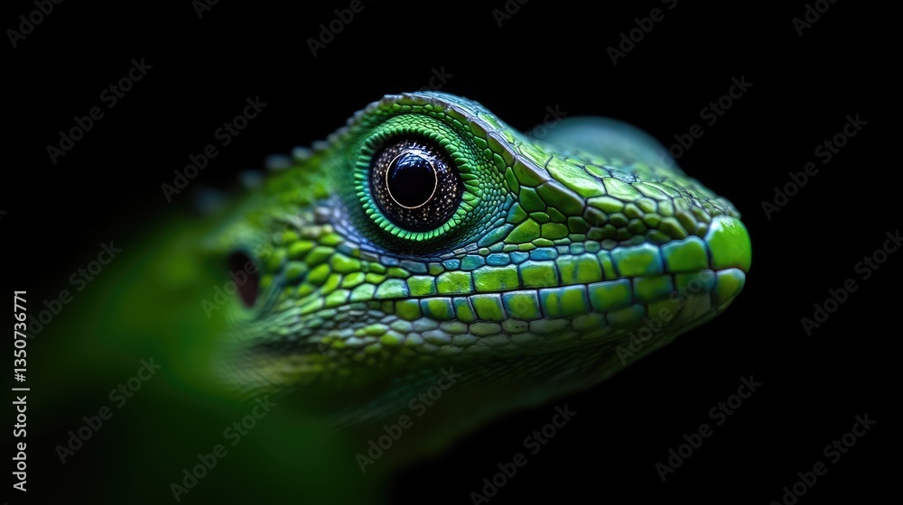 Fototapeta premium Close-up of a vibrant green lizard head. Detailed view of the reptile's eye, scales, and snout