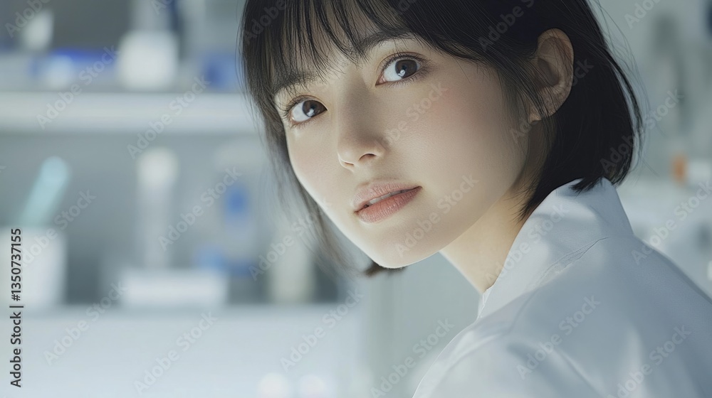 Fototapeta premium Scientist in protective gear, focused expression, soft light, blurred lab background; dedication to scientific discovery in action. 