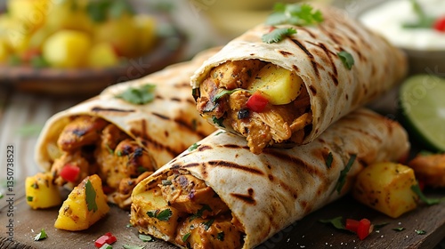 Caribbean roti wrap curried chicken and potatoes sliced diagonally to show filling isolated on white