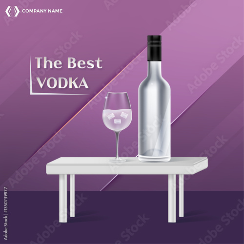The best vodka bottle and glass on table purple gradient template