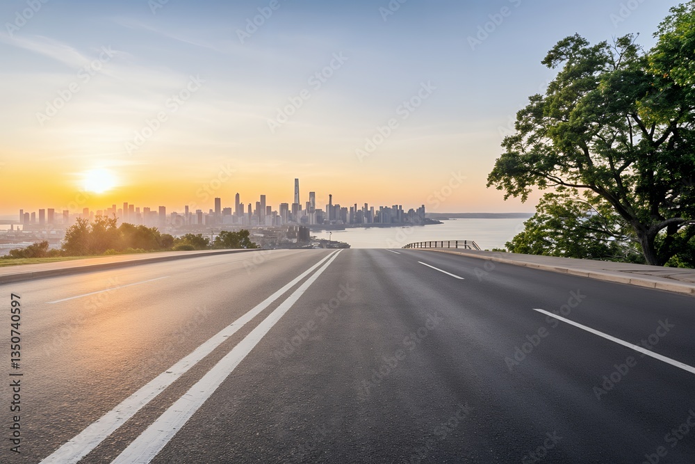 Fototapeta premium Sunset Road Leading to a Vibrant City Skyline