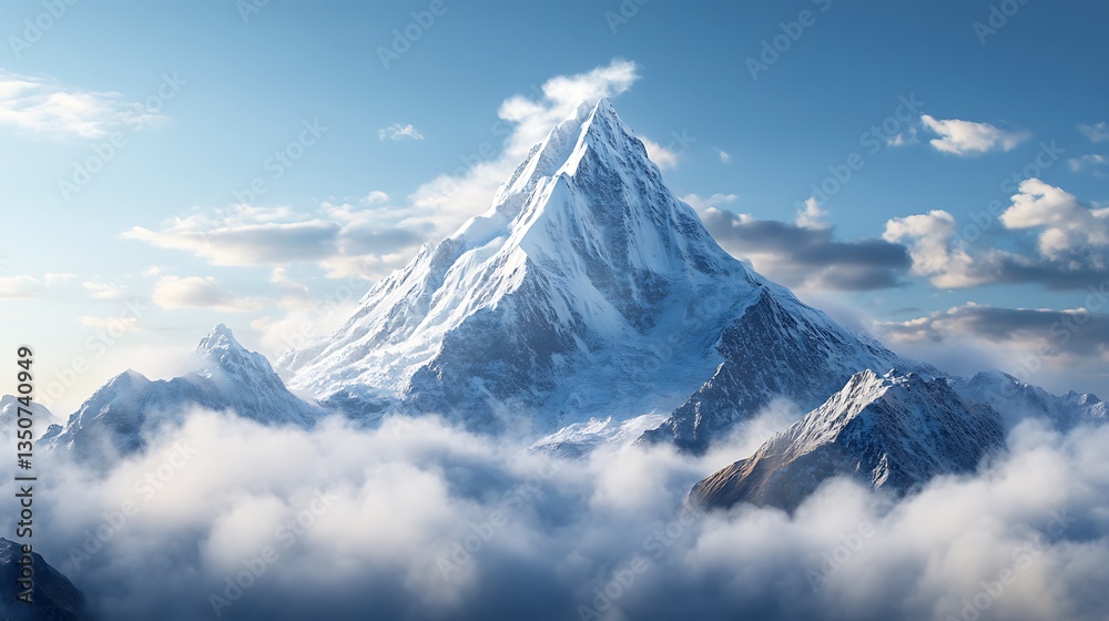 Majestic Snow-Capped Mountain Peak Rising Above the Clouds in a Serene Blue Sky
Majestic Snow-Capped Mountain Peak Rising Above the Clouds in a Serene Blue Sky