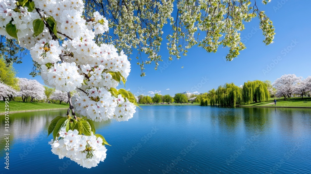 Serene Spring Scene Featuring Cherry Blossoms, Tranquil Water, and Lush Greenery Under a Clear Blue Sky in a Picturesque Park Setting Serene Spring Scene Featuring Cherry Blossoms, Tranquil Water, and Lush Greenery Under a Clear Blue Sky in a Picturesque Park Setting
