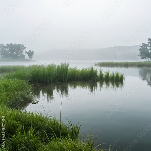 Serene Foggy Lake with Lush Green Grasses