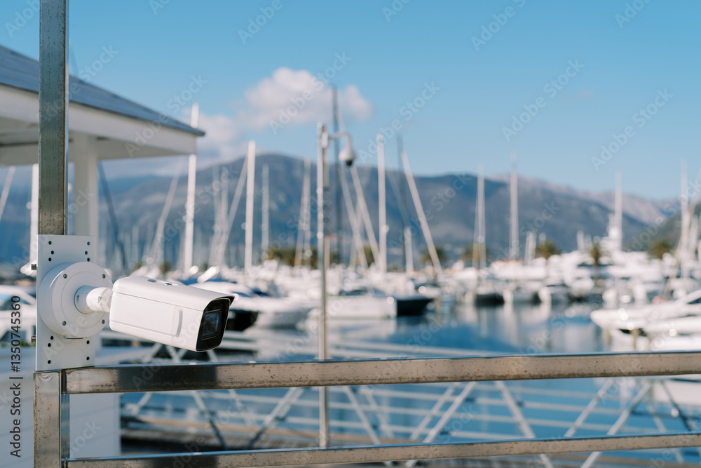 Fototapeta premium White CCTV camera on a pole on the shore of the marina