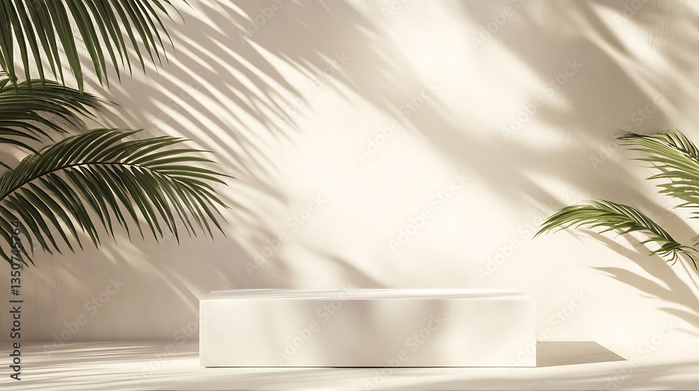 Minimalist Tropical Scene with Palm Shadows and White Pedestal
Minimalist Tropical Scene with Palm Shadows and White Pedestal