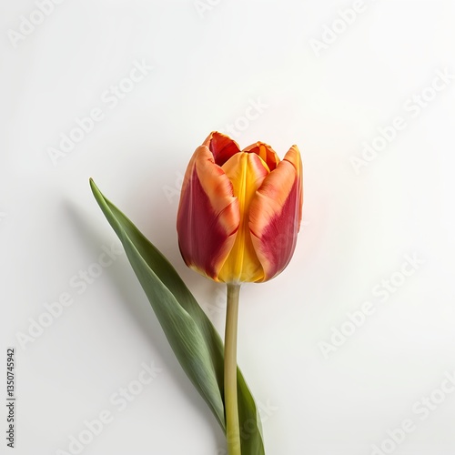 Single Red and Yellow Tulip on White Background