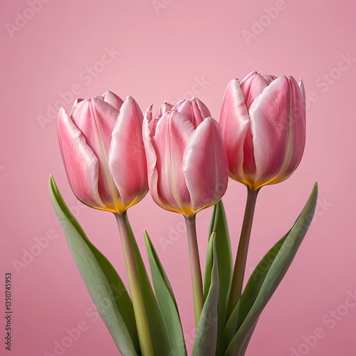 Three Pink Tulips on Pink Background