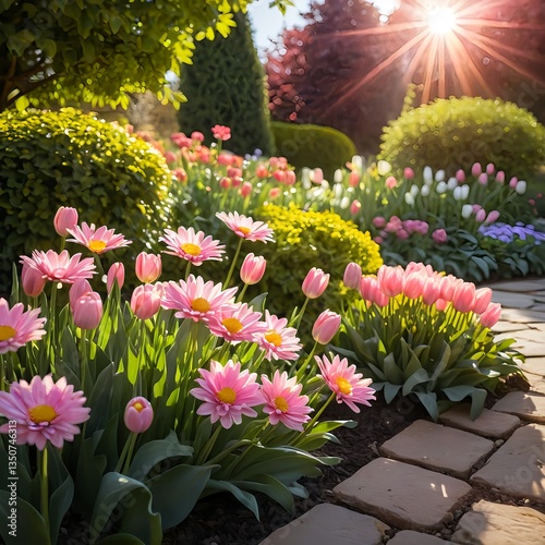 Pink Tulips and Daisies in a Sunlit Garden
