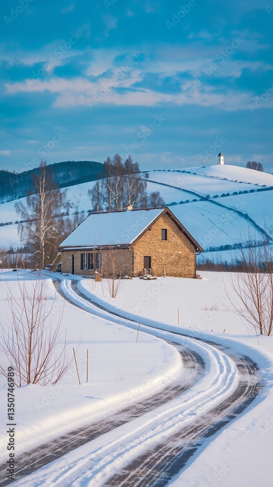 Charming Winter Scene with Rustic House and Hills Charming Winter Scene with Rustic House and Hills