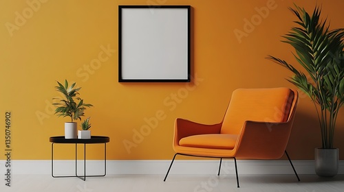 Modern interior with yellow accent chair, blank picture frame, white sideboard, and golden decor elements

