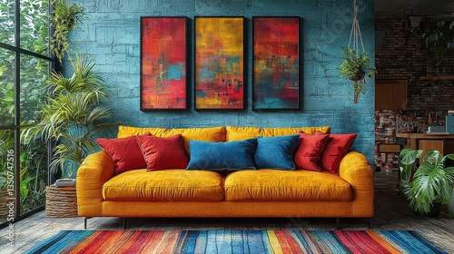 A colorful living room features a yellow sofa with blue and red cushions, an artwork above, and a patterned rug.