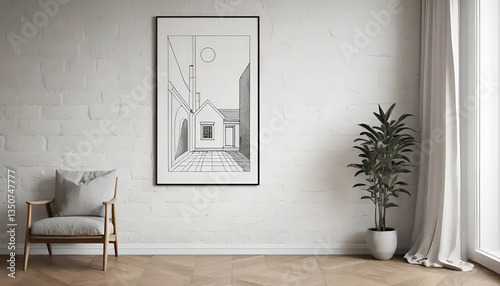 Light and spacious modern interior design featuring a minimalist style with geometric artwork, sleek furniture, and indoor greenery, evoking simplicity and sophistication in a serene living space.