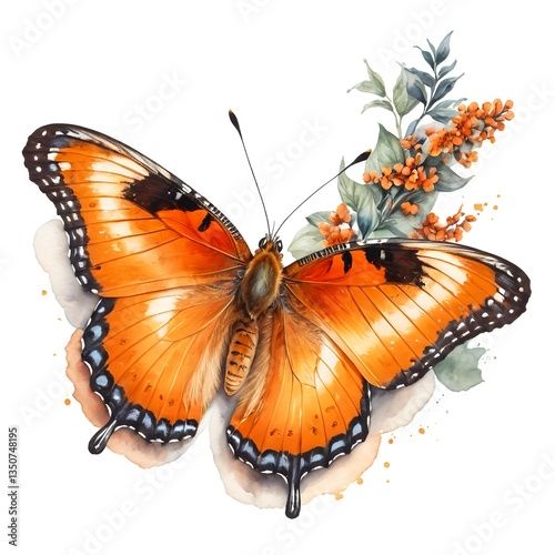 Watercolor Orange Butterfly with Flowers