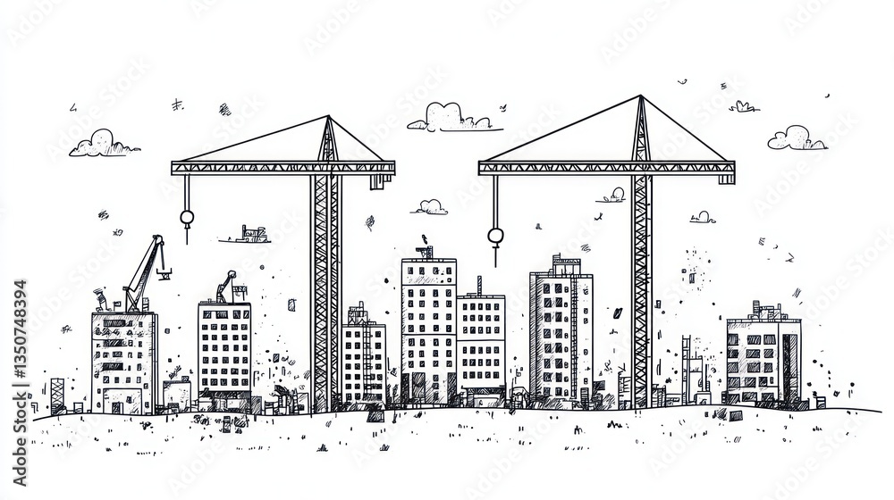 Obraz premium City Construction Sketch, Cranes, Buildings, Progress, Hand Drawn, Urban Development, Background, Graphic, Illustration