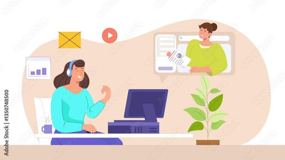 Girl Learning Computer Online Flat Design 2D Flat Character Animation Scene loop Girl Learning Computer Online Flat Design 2D Flat Character Animation Scene loop