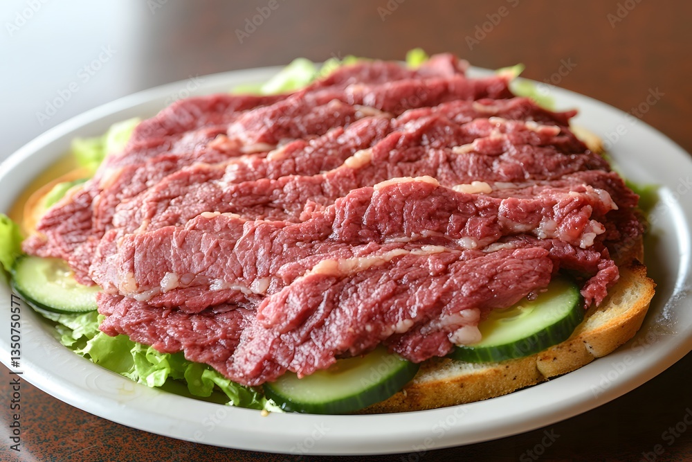Delicious Thinly Sliced Rare Beef Sandwich with Cucumber and Lettuce Delicious Thinly Sliced Rare Beef Sandwich with Cucumber and Lettuce