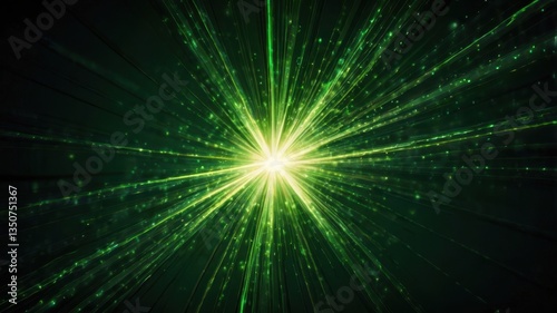 A stunning asymmetric green light burst with abstract glowing rays shining on a dark green background. The light flares feature shades of green and yellow, creating a dynamic and energetic visual effe