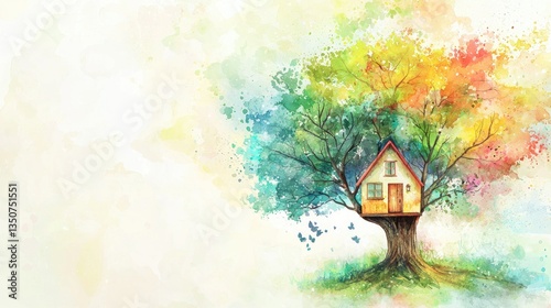 A painted water color tree house with an empty space on the right, on the bright background