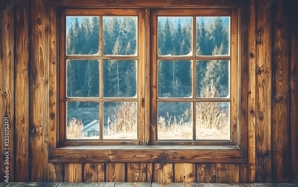 Fototapeta premium Rustic Wooden Window with Winter Forest View
