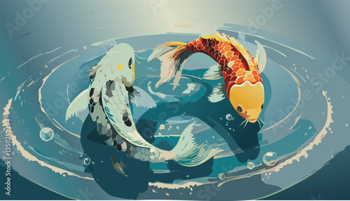 Two vibrant koi fish swimming in a yin-yang pattern in clear water vector. Elegant Japanese koi fish in circular motion with ripples and water bubbles. Colorful koi fish swimming together