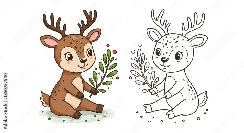 Naklejka premium Cute deer illustration for children's coloring book page with a forest theme