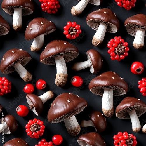 Chocolate-Covered Mushrooms and Red Berries on Dark Background