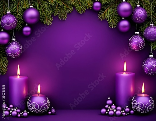Purple Christmas Background with Candles and Ornaments