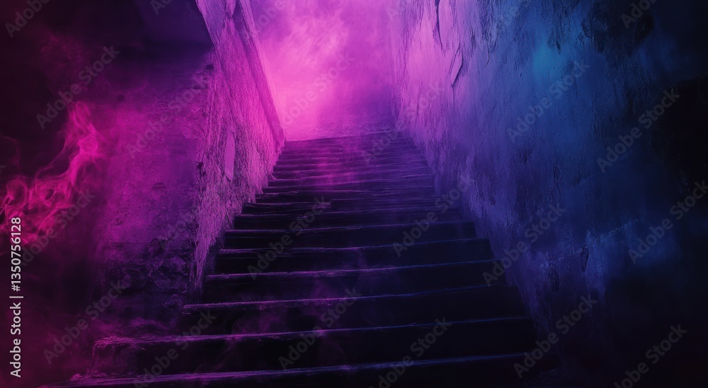 Staircase ascends into a mysterious colorful and hazy environment Staircase ascends into a mysterious colorful and hazy environment