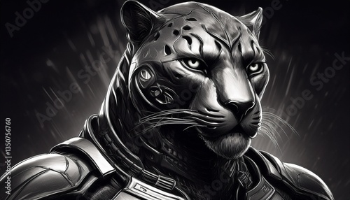 A panther superhero with characteristic like comical, platinum, super alloy, muscular and in monochromatic; black panther looking hero or villian; comic book; anime or manga; animation
