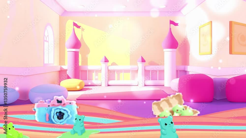 Cartoon Room Scene inside Castle with Gummy Bears and Toys Land