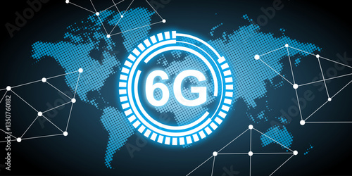 6G global network concept with a digital world map and circuit connections. High-speed communication and technology theme. Ideal for business, internet, and connectivity visuals.