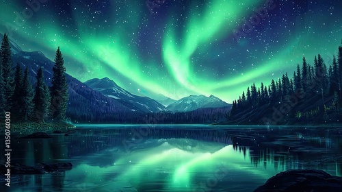 An enchanting anime-style scene of a glowing aurora borealis dancing across the night sky, viewed from high above a dense forest and reflecting in a crystal-clear mountain lake,