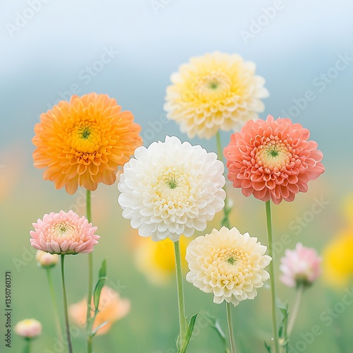 Pastel Dahlias Bloom in Field.