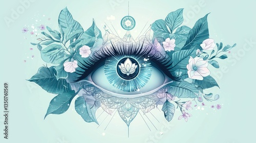 an eye design that embodies the tranquility and harmony of nature. The eye should be futuristic minimalistic maximalist surrounded by intricate leaf 