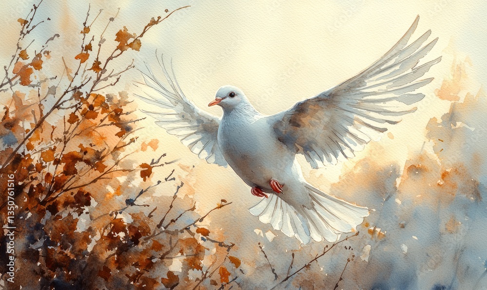 A serene white dove in flight amidst autumn foliage, symbolizing peace and freedom. A serene white dove in flight amidst autumn foliage, symbolizing peace and freedom.