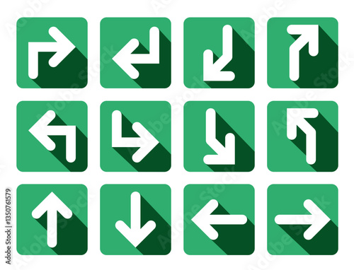 Various direction of 3D arrows in green square. Three dimensional arrows set vector.